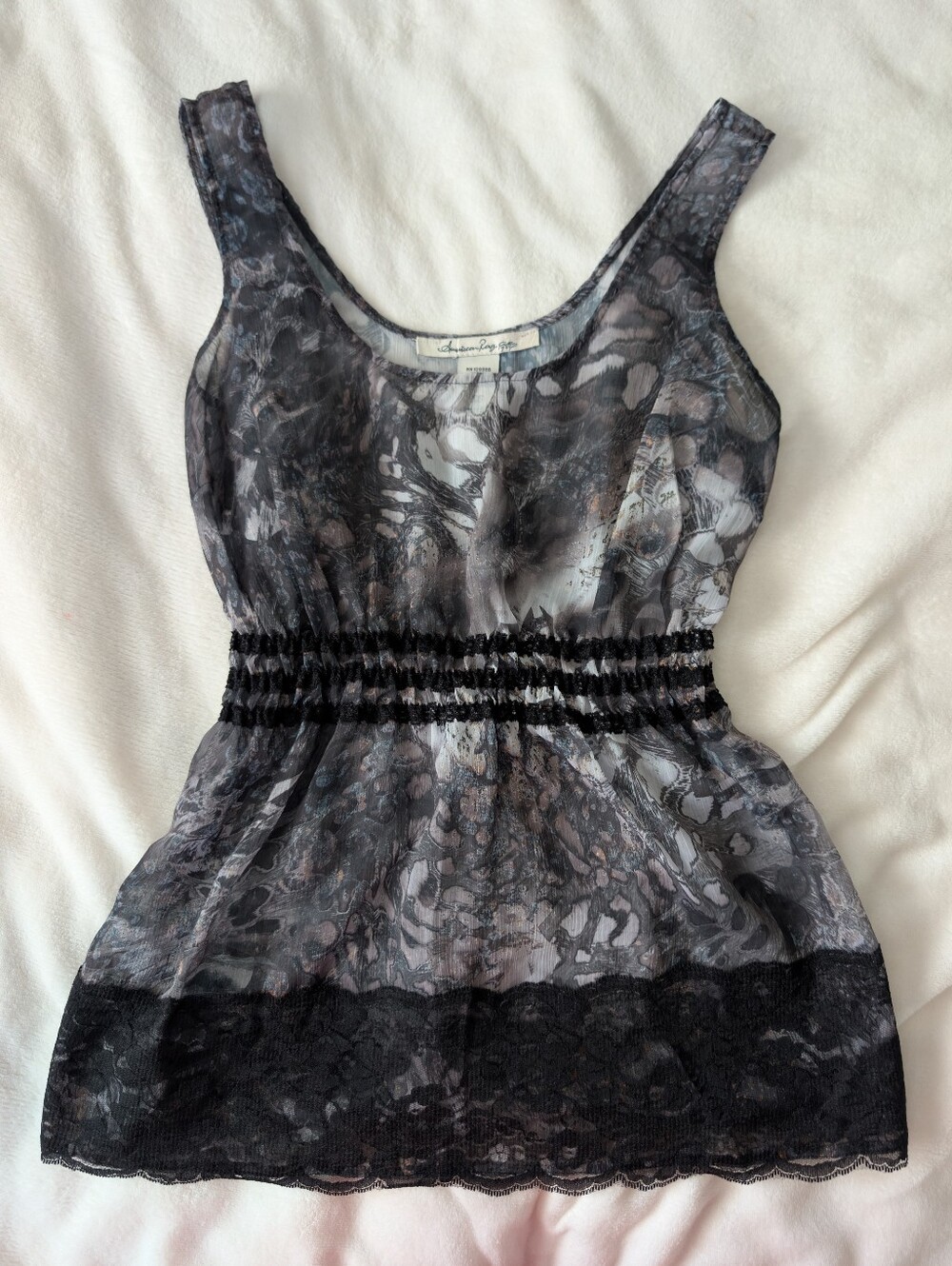 Y2k Sheer Lace-Trim Gray & Black Cinched Waist Camisole